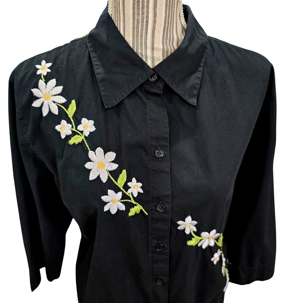 Bechamel Cotton Embroidered Daisy Button Up Shirt 3/4 Sleeve Womens Large Black‎ - Picture 2 of 8